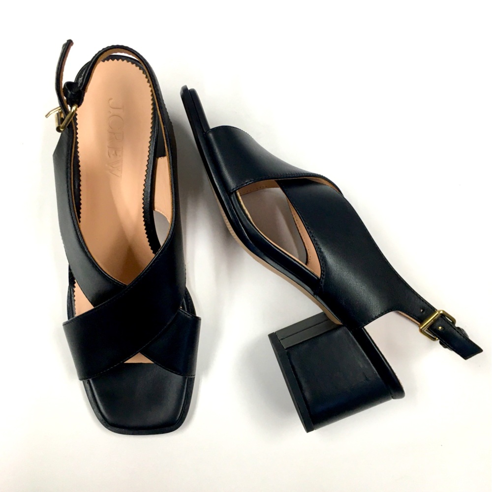 J Crew Dylan Leather Cut Out Sandals Block Heels 8 Black Classic Preppy